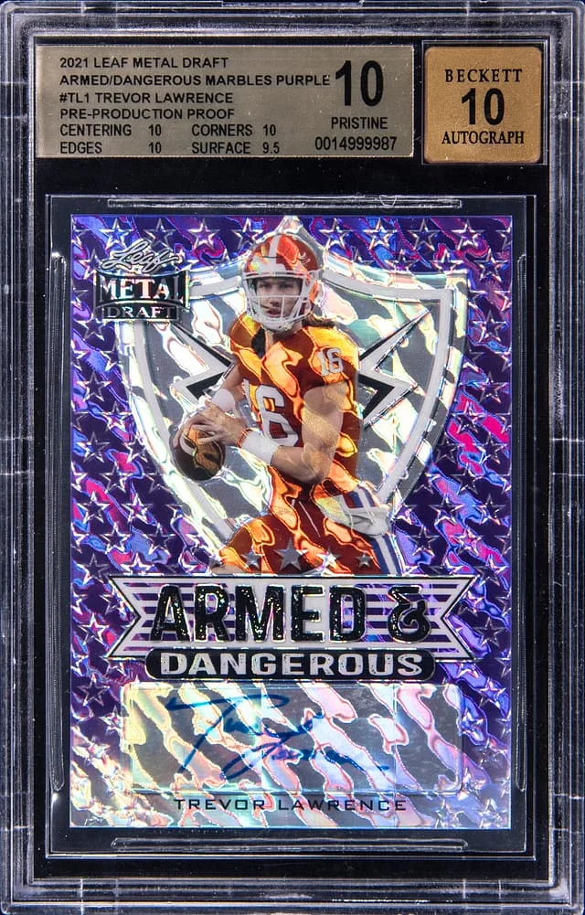 2021 Leaf Metal Trevor Lawrence Draft Armed and Dangerous Marbles Purple Pre-Production Proof #TL1 card image