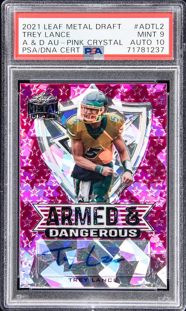 2021 Leaf Metal Trey Lance Draft Armed & Dangerous Autograph Pink Crystal #AD-TL2 card image