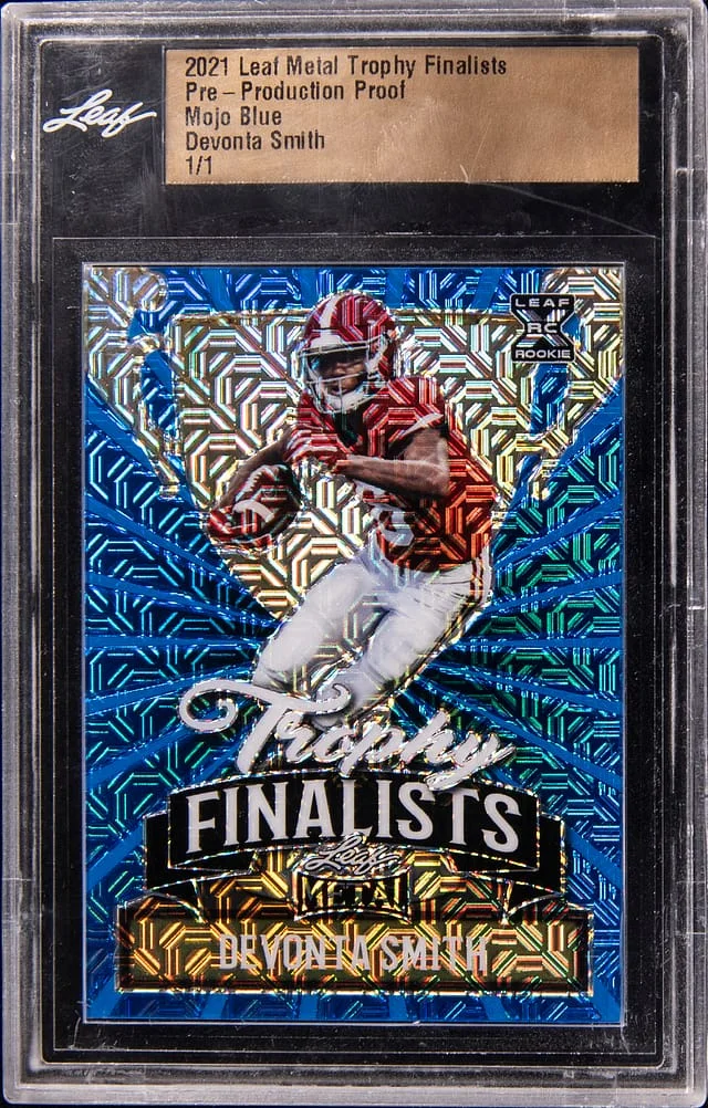 2021 Leaf Metal Trophy Finalists Pre-Production Proof Mojo Blue Devonta Smith - Leaf Encapsulated #no-number card image