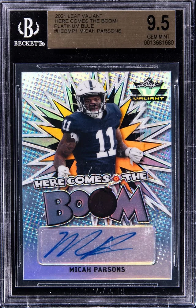 2021 Leaf Micah Parsons Valiant Here Comes the Boom Platinum Ink #HCB-MP1 card image