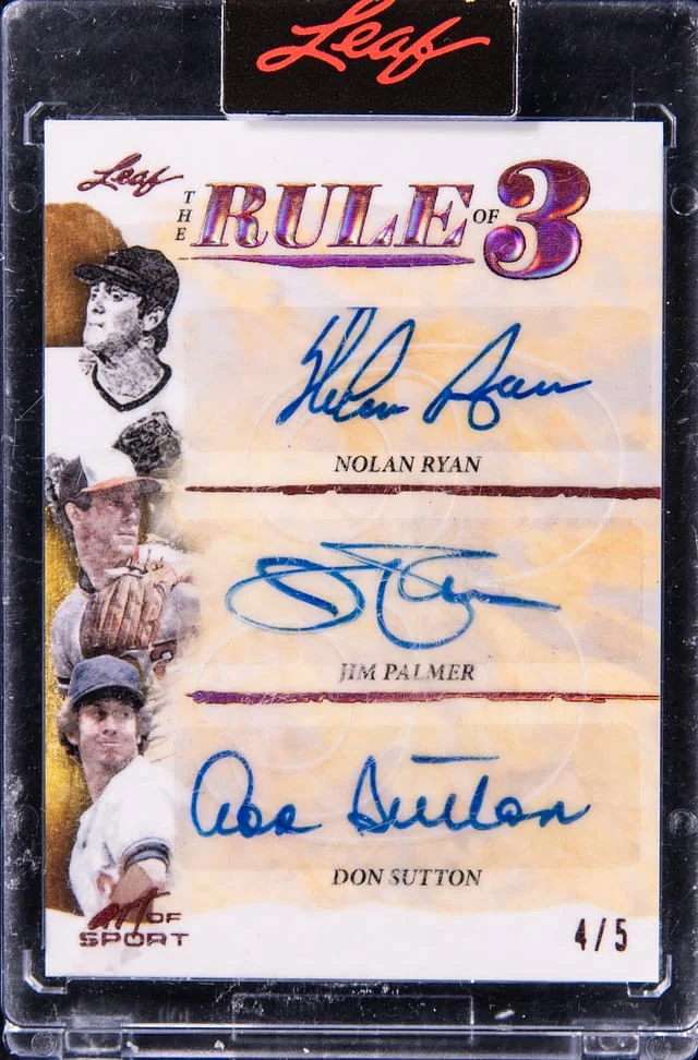 2021 Leaf Nolan Ryan/Jim Palmer/Don Sutton Multi-Signed Card - Leaf Encased Art of Sport The Rule of 3 Autographs #R3-01 card image