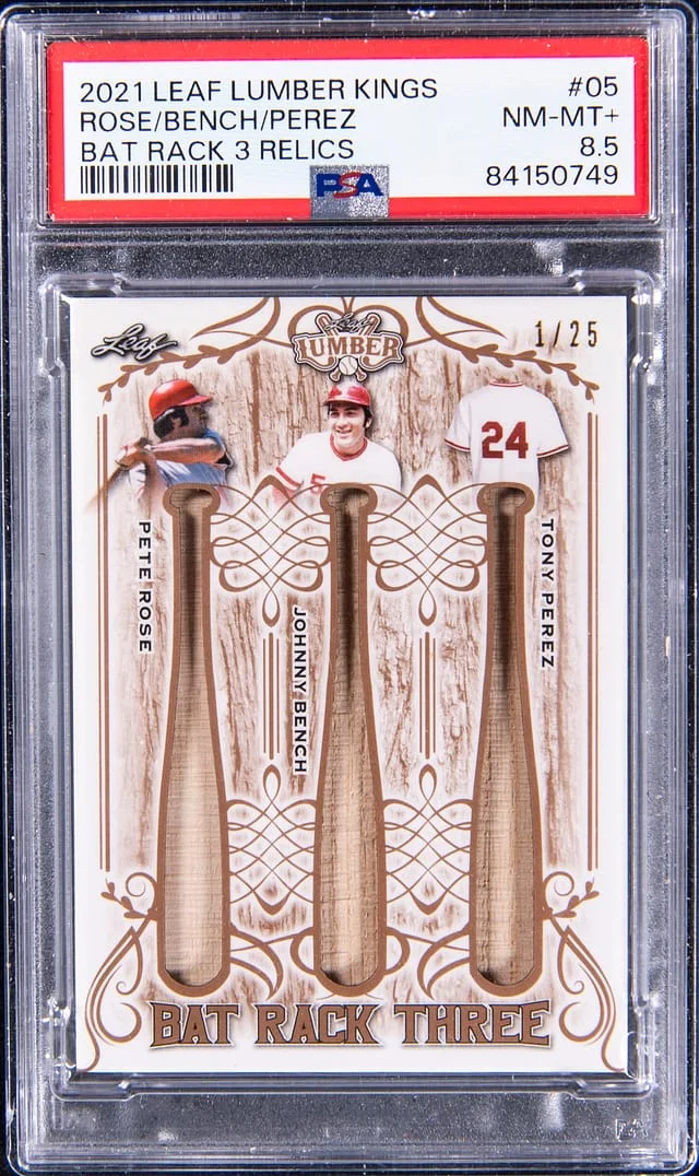 2021 Leaf Pete Rose/Johnny Bench/Tony Perez Triple Lumber Kings Bat Rack 3 Relics #05 card image