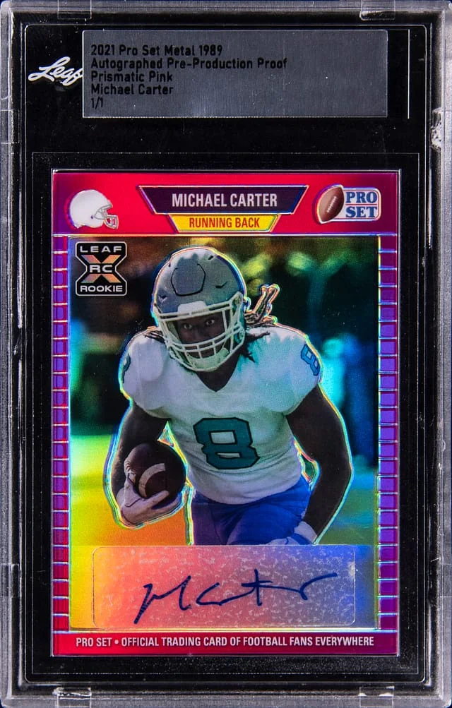 2021 Leaf Pre-Production Proof Prismatic Pink Michael Carter Pro Set Metal #1989 card image