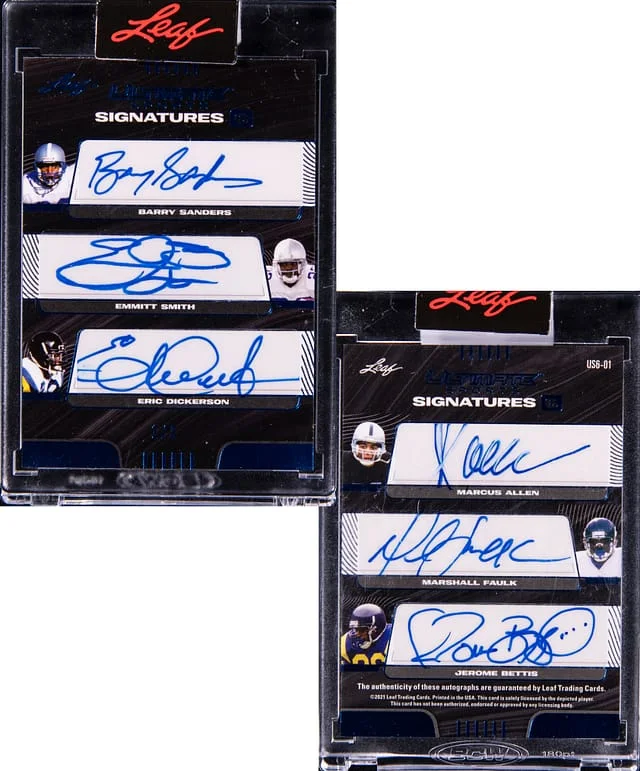 2021 Leaf Sanders/Smith/Dickerson/Allen/Faulk/Bettis Multi-Signed Card - Leaf Encased Ultimate Sports Signatures 6 Blue #US6-01 card image