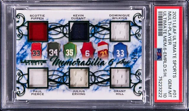 2021 Leaf Scottie Pippen/Kevin Durant/Dominique Wilkins/Paul Pierce/Julius Erving/Grant Hill Multi-Relic Ultimate Sports Ultimate Memorabilia Emerald #01 card image