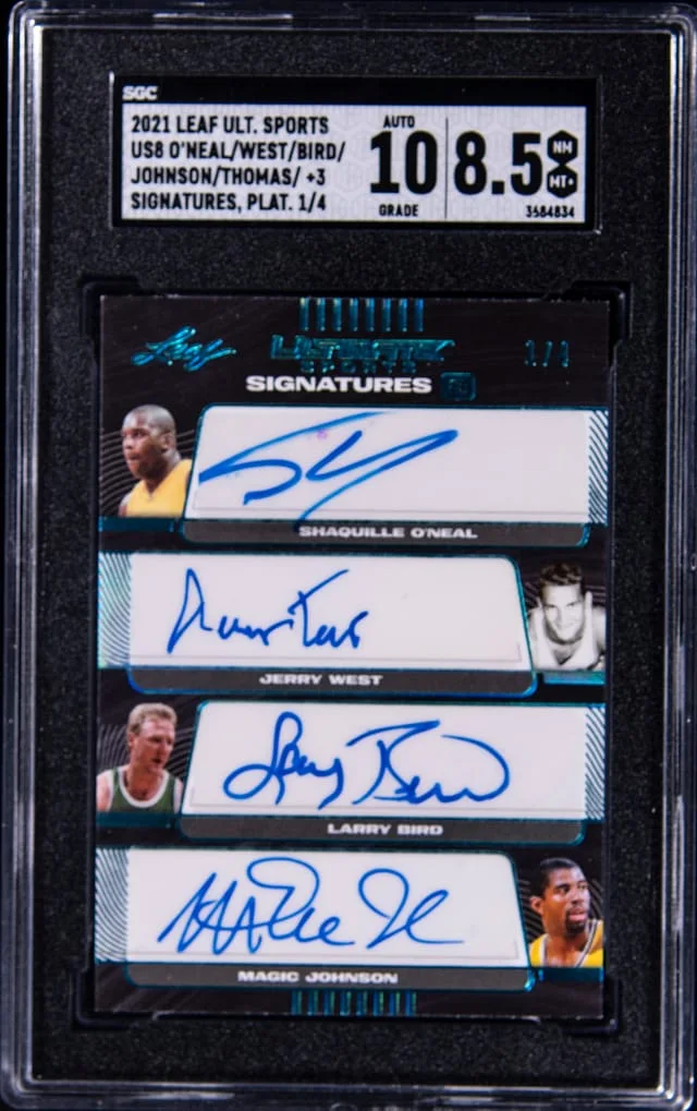 2021 Leaf Shaquille O'Neal/Jerry West/Larry Bird/Magic Johnson/Isiah Thomas/Dominique Wilkins/Elvin Hayes/George Gervin Multi-Signed Ultimate Sports Signatures 8 Platinum #US8 card image