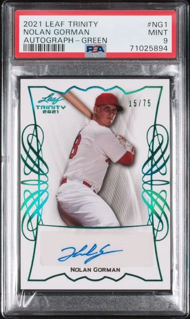 2021 Leaf Trinity Nolan Gorman Autograph Green #BA-NG1 card image