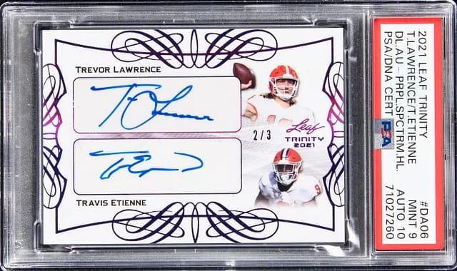 2021 Leaf Trinity Trevor Lawrence/Travis Etienne Dual Dual Autographs Purple Spectrum #DA-06 card image