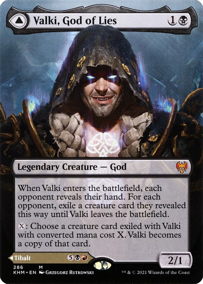 2021 Kaldheim Valki, God of Lies // Tibalt, Cosmic Impostor [Borderless Foil] mythic #286 mythic card image