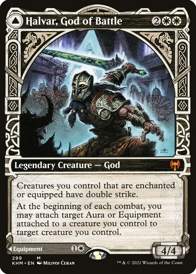 2021 Kaldheim Halvar, God of Battle // Sword of the Realms [Showcase] mythic #299 mythic card image