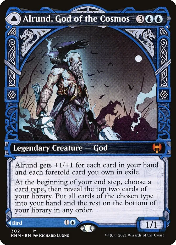2021 Kaldheim Alrund, God of the Cosmos // Hakka, Whispering Raven [Showcase] mythic #302 mythic card image