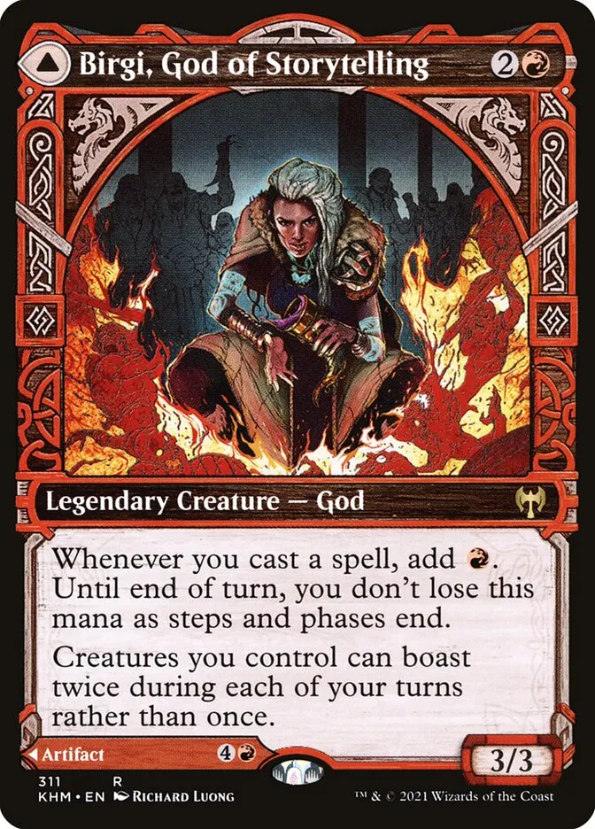 2021 Kaldheim Birgi, God of Storytelling // Harnfel, Horn of Bounty [Showcase] rare #311 rare card image