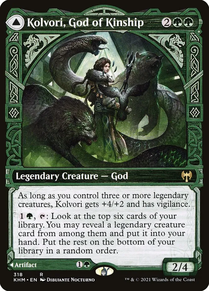 2021 Kaldheim Kolvori, God of Kinship // The Ringhart Crest [Showcase] rare #318 rare card image