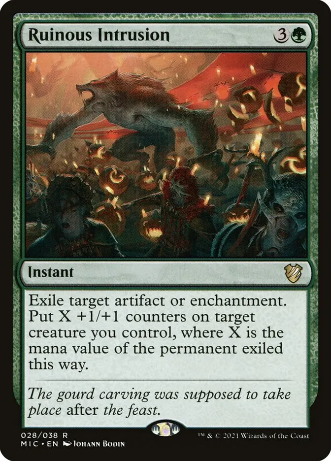 2021 Midnight Hunt Commander Ruinous Intrusion rare #28 rare card image