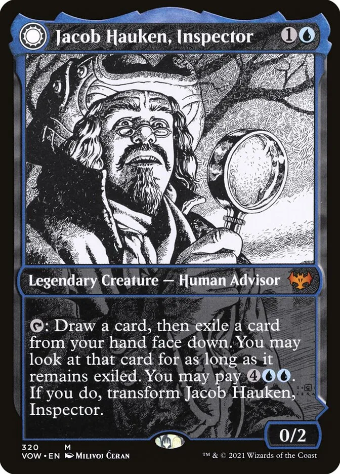 2021 Innistrad: Crimson Vow Jacob Hauken, Inspector // Hauken's Insight #320 mythic card image