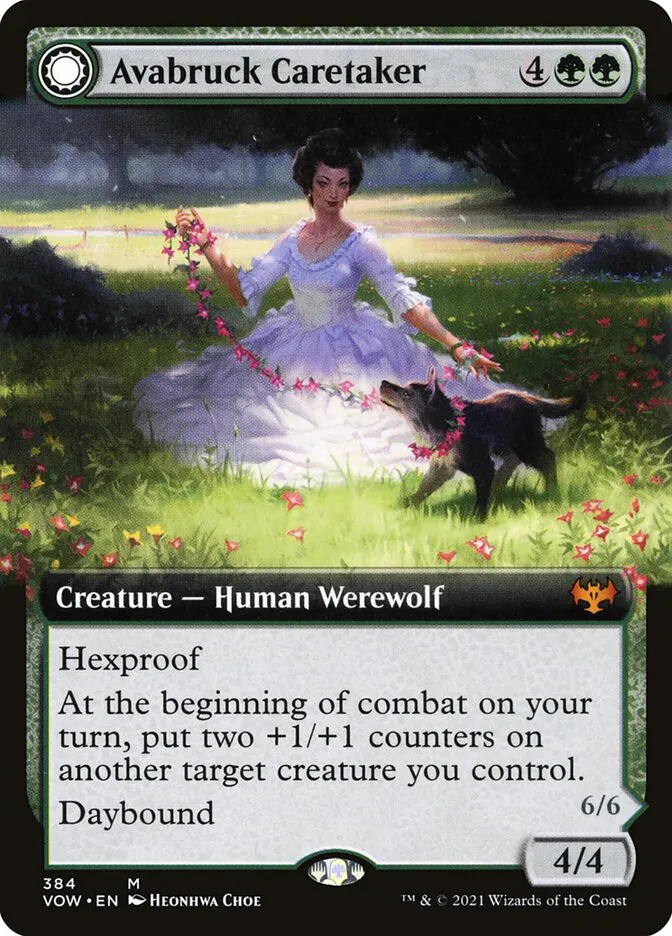 2021 Innistrad: Crimson Vow Avabruck Caretaker // Hollowhenge Huntmaster mythic #384 mythic card image