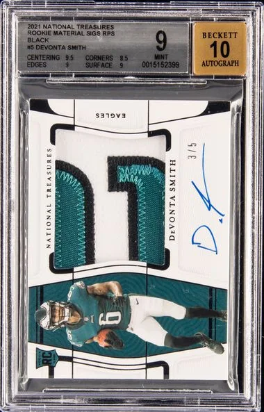 2021 National Treasures Devonta Smith Material Signatures Black #5 card image