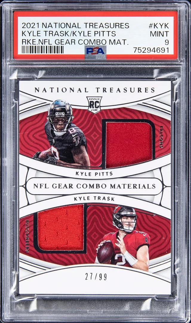 2021 National Treasures Kyle Trask, Kyle Pitts Dual NFL Gear Combo Materials #KYK card image