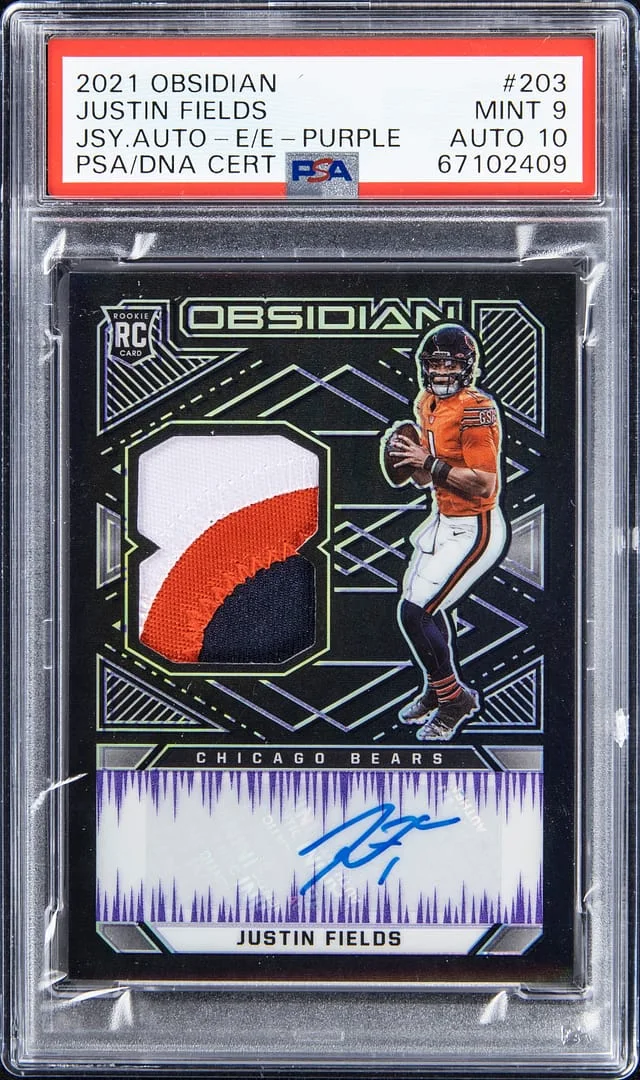 2021 Obsidian Justin Fields Electric Etch Purple #203 card image