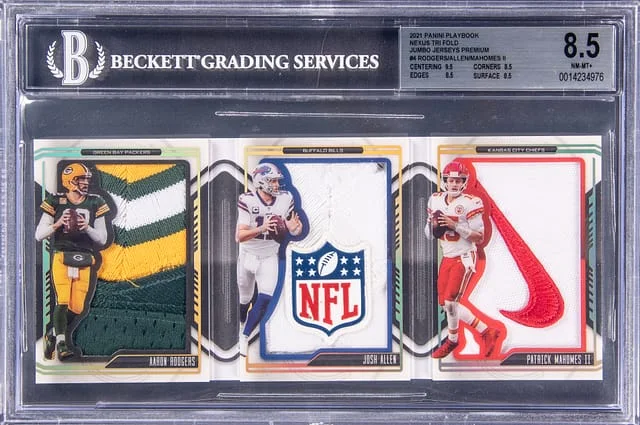 2021 Panini Aaron Rodgers/Josh Allen/Patrick Mahomes II Triple Playbook Nexus Tri Fold Jumbo Jerseys Premium #NTF-RAM card image