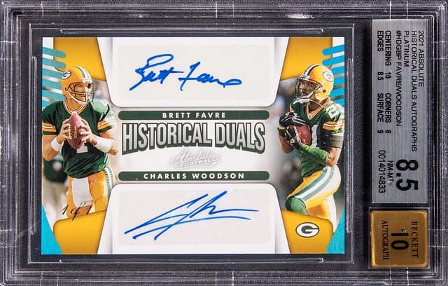 2021 Panini Absolute Brett Favre/Charles Woodson Historical Duals Autographs Platinum #HDGBP card image