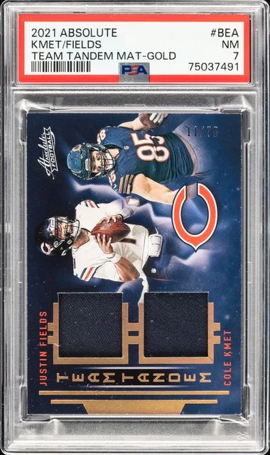 2021 Panini Absolute Cole Kmet/Justin Fields Team Tandem Materials Gold #TTM-BEA card image
