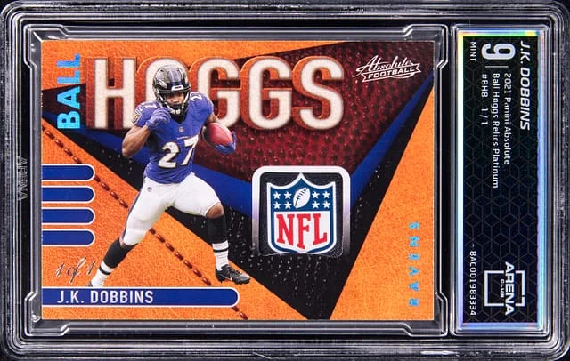 2021 Panini Absolute J.K. Dobbins NFL Shield Ball Hoggs Relics Platinum #BH8 card image