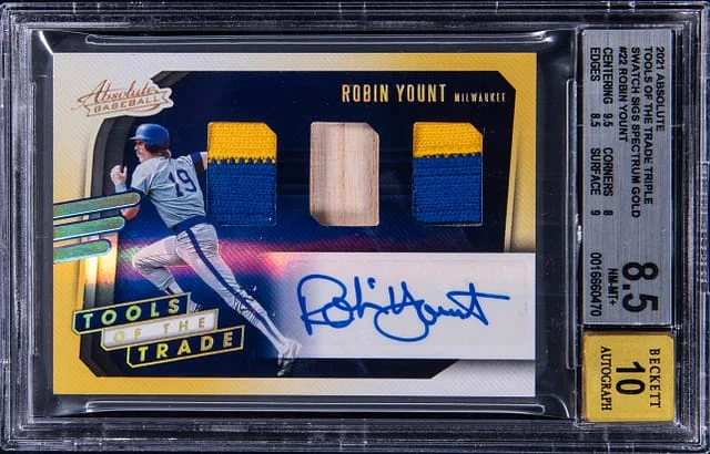 2021 Panini Absolute Robin Yount Tools of the Trade Triple Swatch Signatures Gold #22 card image