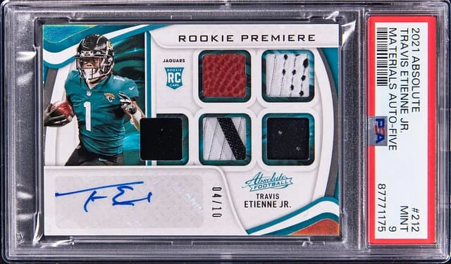 2021 Panini Absolute Travis Etienne Jr. Materials Autograph Five #212 card image