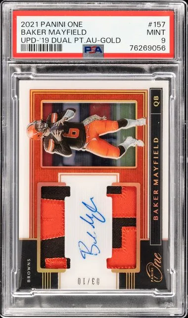 2021 Panini Baker Mayfield One Update 2019 Dual Patch Autograph-Gold #157 card image