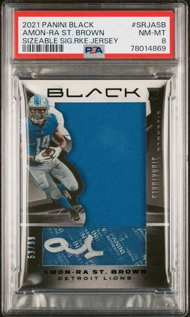 2021 Panini Black Amon-Ra St. Brown Sizeable Signatures Jersey #SRJASB card image