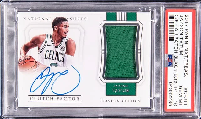 2021 Panini Black Jayson Tatum Box '17 Panini National Treasures Clutch Factor Autograph Patch Black Box #CF-JTT card image