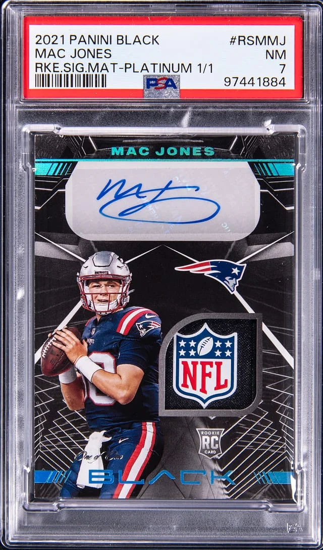 2021 Panini Black Mac Jones Signature Material Platinum #RSM-MJ card image