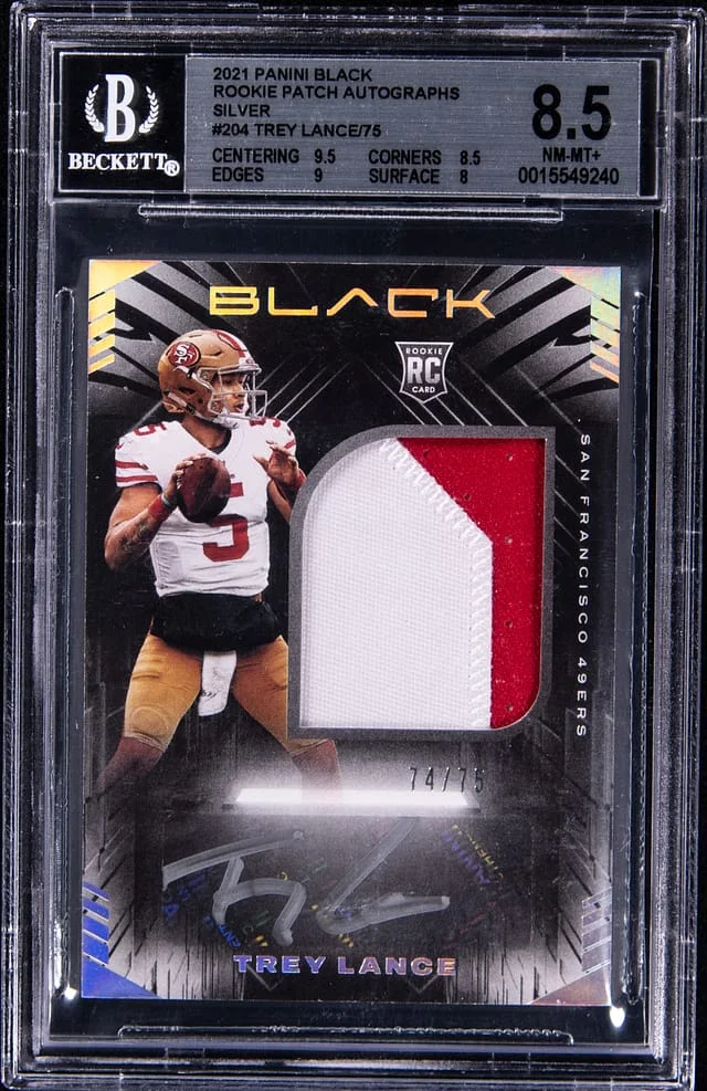 2021 Panini Black Trey Lance Patch Autograph (RPA) Silver #204 card image