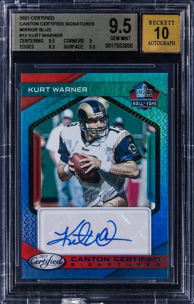 2021 Panini Certified Kurt Warner Canton Certified Signatures Mirror Blue #12 card image