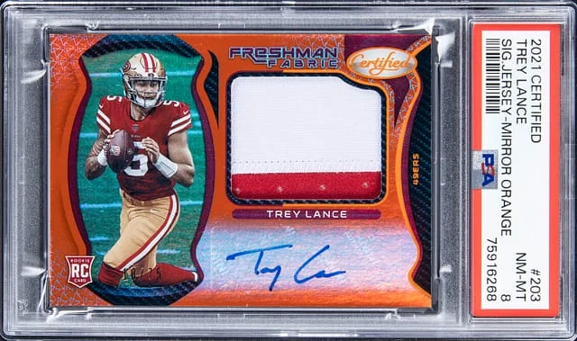 2021 Panini Certified Trey Lance Signature Jersey Mirror Orange #203 card image