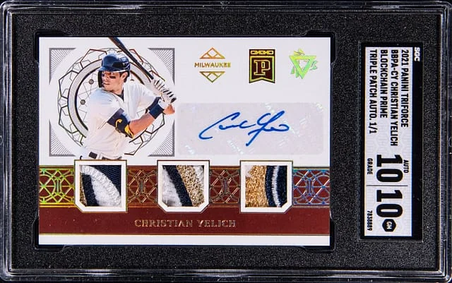 2021 Panini Christian Yelich Triforce Blockchain Prime Triple Patch Autograph #BBPA-CY card image