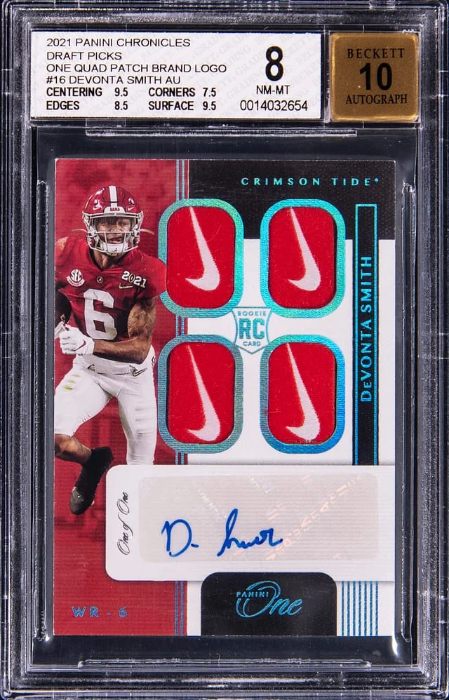 2021 Panini Chronicles Draft Picks DeVonta Smith One Quad Patch Brand Logo Autograph #QP-DVS card image