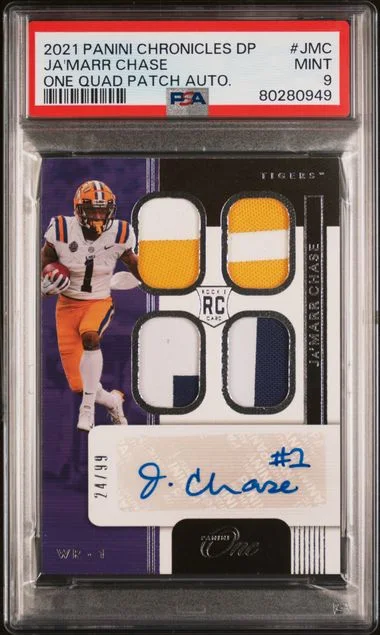 2021 Panini Chronicles Draft Picks Ja'Marr Chase One Quad Patch Autograph #JMC card image