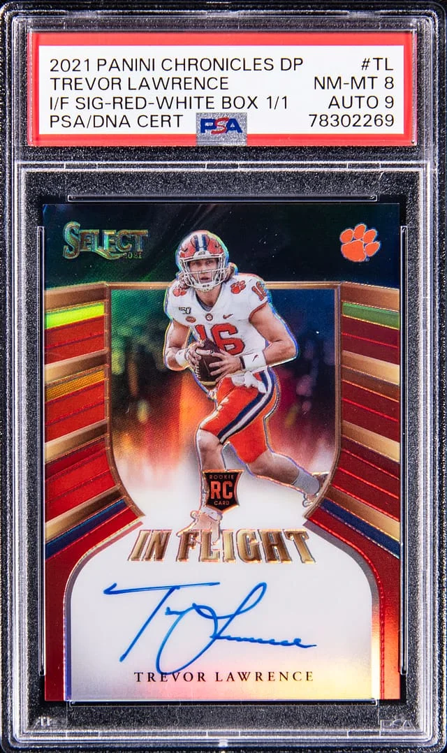 2021 Panini Chronicles Draft Picks Trevor Lawrence In Flight Signatures Red - White Box #TL card image