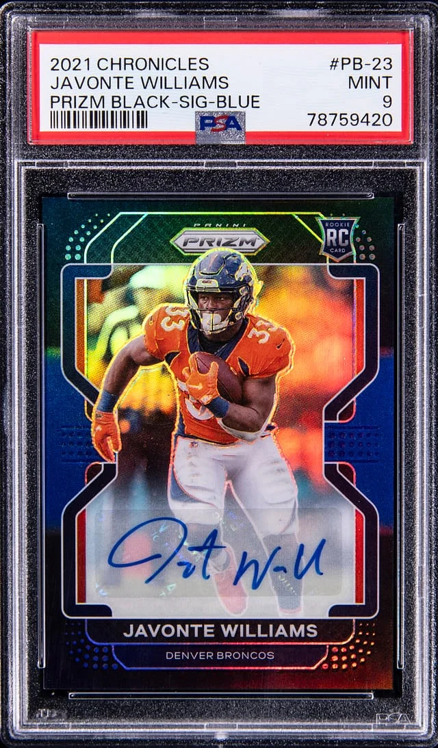 2021 Panini Chronicles Javonte Williams Prizm Black Signature-Blue #PB-23 card image
