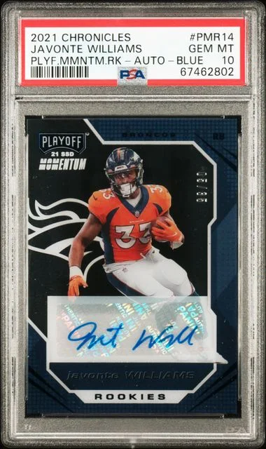 2021 Panini Chronicles Javonte Williams Playoff Momentum Autographs Blue #PMR-14 card image