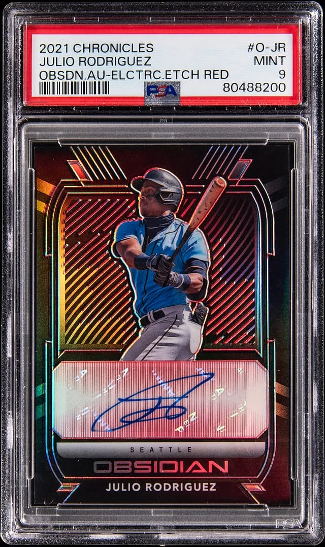 2021 Panini Chronicles Julio Rodriguez Obsidian Autographs Electric Etch Red #O-JR card image