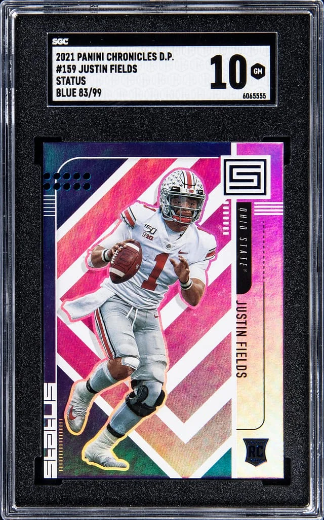 2021 Panini Chronicles Justin Fields Draft Pick Status Blue #159 card image