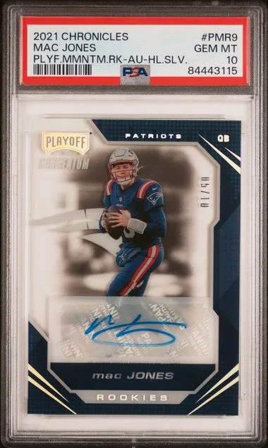 2021 Panini Chronicles Mac Jones Playoff Momentum Rookies Autograph-Holo Silver #PMR9 card image