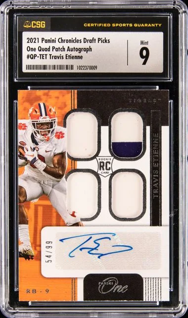 2021 Panini Chronicles Travis Etienne One Quad Patch Autograph #QP-TET card image