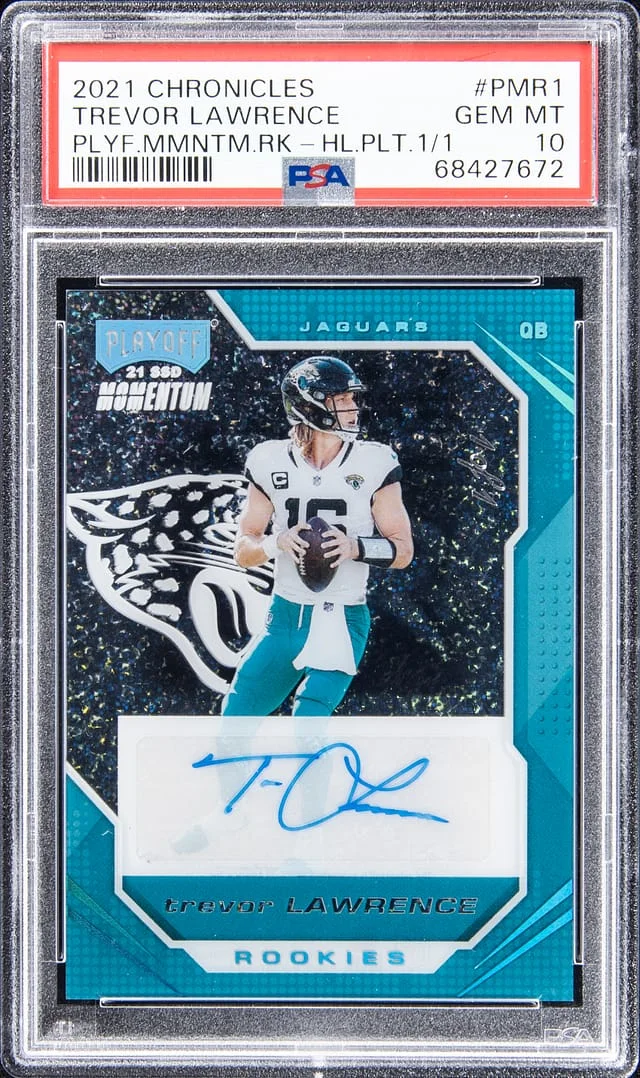 2021 Panini Chronicles Trevor Lawrence Playoff Momentum Rookies Holo Platinum #PMR-1 card image