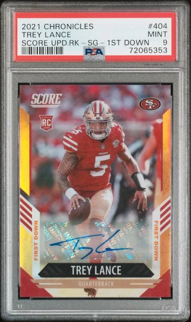 2021 Panini Chronicles Trey Lance Score Update Rookies Signatures 1St Down #404 card image