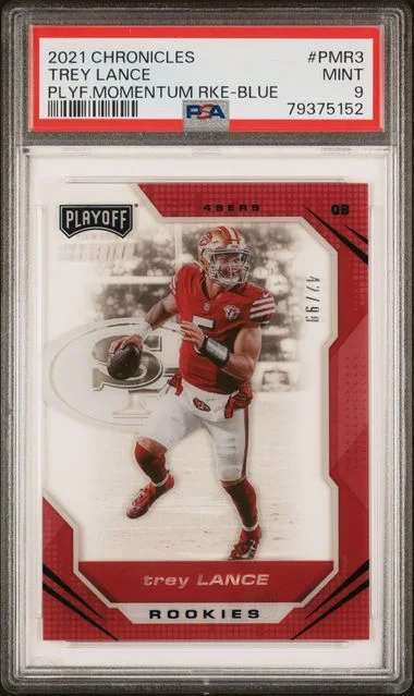 2021 Panini Chronicles Trey Lance Playoff Momentum Rookies Blue #PMR3 card image