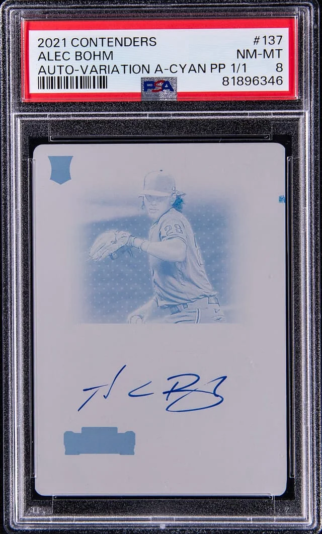 2021 Panini Contenders Alec Bohm Autograph Variation A-CYAN Printing Plate 1/1 #137 card image